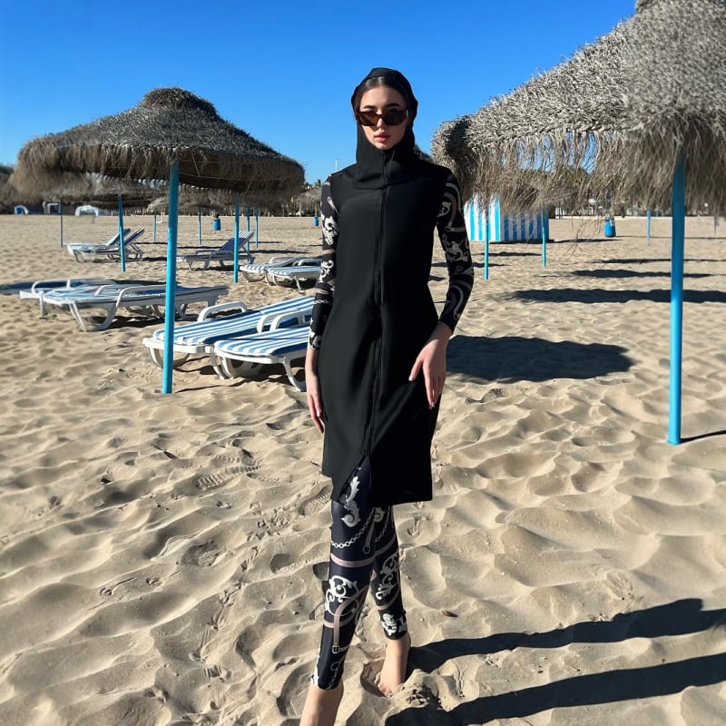 Σετ παραλίας γυναικών με προστασία από τον ήλιο, τριών τεμαχίων, μακρυμάνικος τοπ και φούστα midi, πολυεστέρας, εκτύπωση