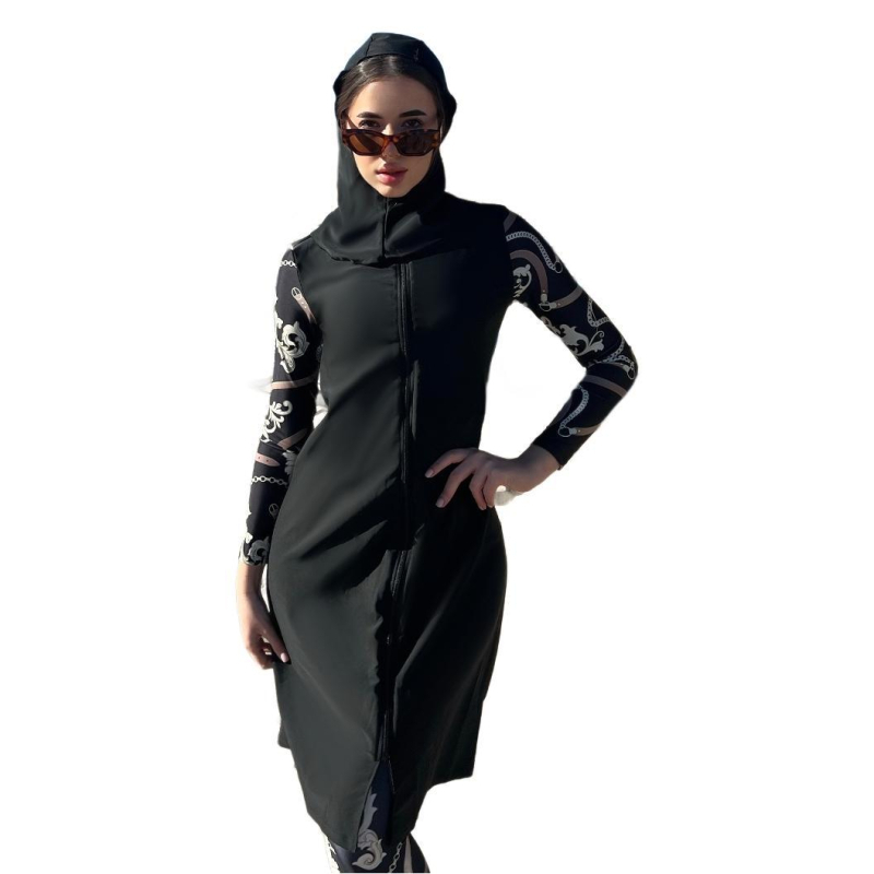 Σετ παραλίας γυναικών με προστασία από τον ήλιο, τριών τεμαχίων, μακρυμάνικος τοπ και φούστα midi, πολυεστέρας, εκτύπωση