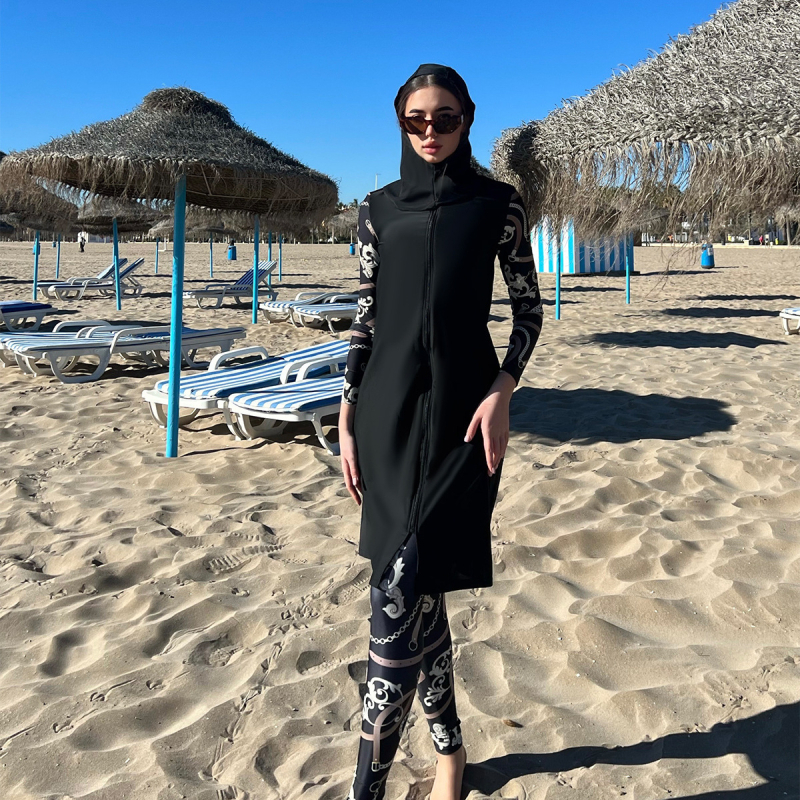 Σετ παραλίας γυναικών με προστασία από τον ήλιο, τριών τεμαχίων, μακρυμάνικος τοπ και φούστα midi, πολυεστέρας, εκτύπωση