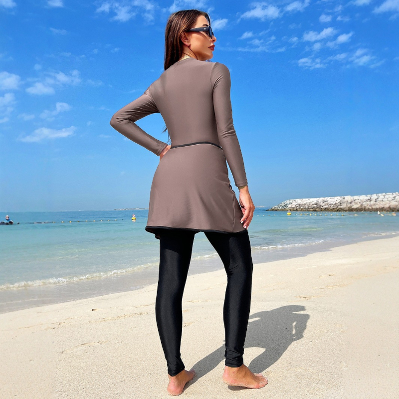 Costum de baie feminin cu mâneci lungi, protecție solară, două piese, țesătură 85% poliester, căptușeală 100% poliester, model conservator, potrivit pentru înot și mers prin apă