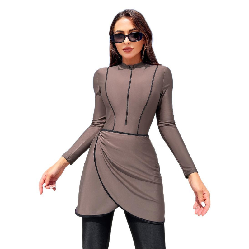 Costum de baie feminin cu mâneci lungi, protecție solară, două piese, țesătură 85% poliester, căptușeală 100% poliester, model conservator, potrivit pentru înot și mers prin apă