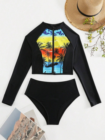 Costum de baie pentru femei, două părți, cu acoperire conservatoare a abdomenului, croială slim, fermoar frontal, bureți la bust; nailon 85%, căptușeală poliester cu spandex 15%