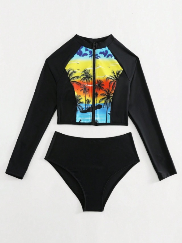 Costum de baie pentru femei, două părți, cu acoperire conservatoare a abdomenului, croială slim, fermoar frontal, bureți la bust; nailon 85%, căptușeală poliester cu spandex 15%