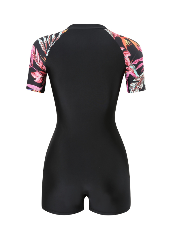 Costum de baie întreg pentru femei, cu imprimeu floral, mâneci scurte, material poliester 82% (250 g), cu susținere din oțel și fără burete pentru sâni