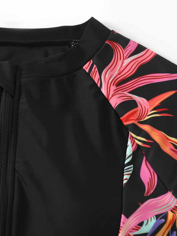 Costum de baie întreg pentru femei, cu imprimeu floral, mâneci scurte, material poliester 82% (250 g), cu susținere din oțel și fără burete pentru sâni