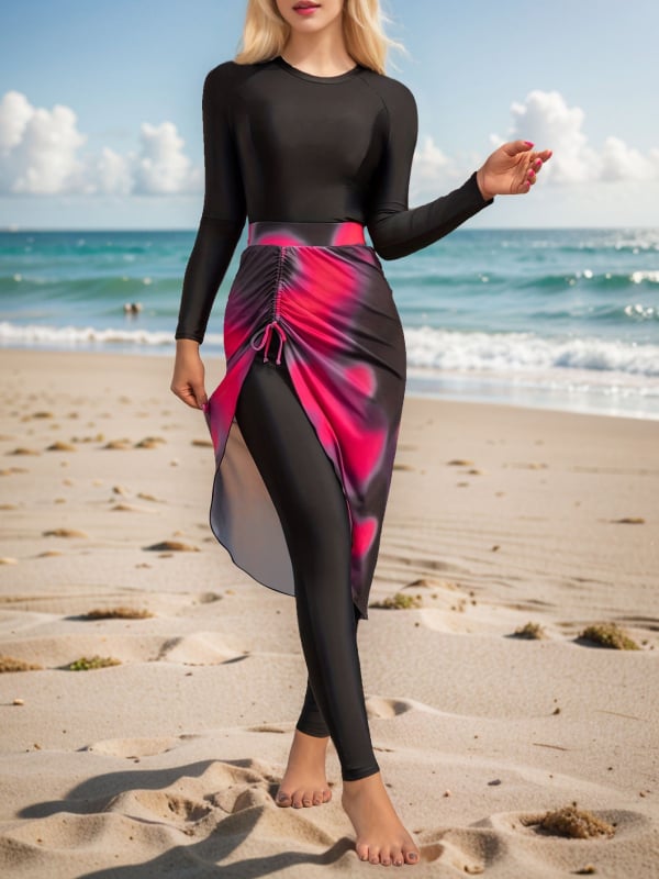 Costum de baie conservator din trei piese, cu imprimeu tie-dye și fustă de plasă (pentru femei adulte, cu pernă pentru bust, 82% poliester)