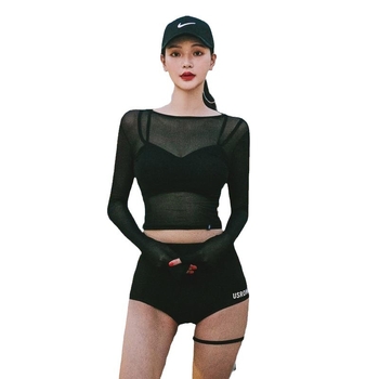 Costum de baie două piese cu protecție UV și acoperire, mâneci lungi, talie înaltă, culoare solidă; material: 80% nailon, 20% spandex; căptușeală: 20% spandex; cu întăritor metalic și pernă pentru bust.