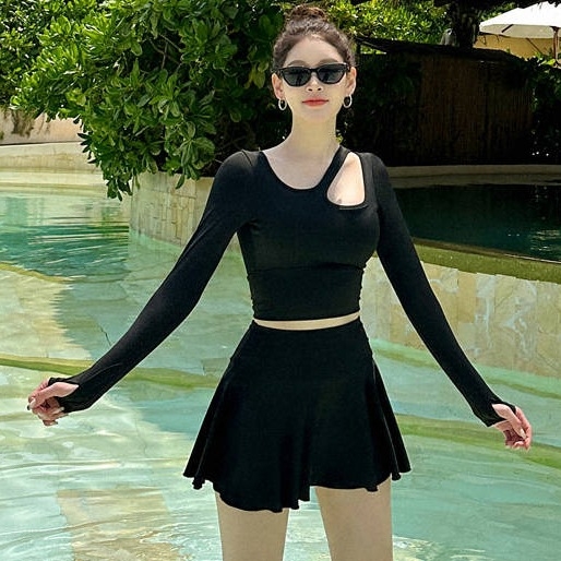 Costum de baie pentru femei din două părți, cu fustă, mâneci lungi, protecție solară, talie înaltă, croială strânsă, cu bureți pentru bust