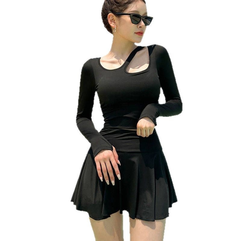 Costum de baie pentru femei din două părți, cu fustă, mâneci lungi, protecție solară, talie înaltă, croială strânsă, cu bureți pentru bust