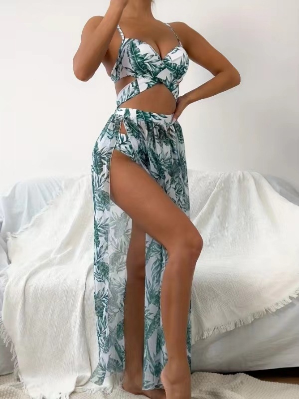 Costum de baie feminin din trei piese, imprimat floral și decupat, cu bureți pentru bust; material nylon/elastan (82% nylon, 12% elastan).