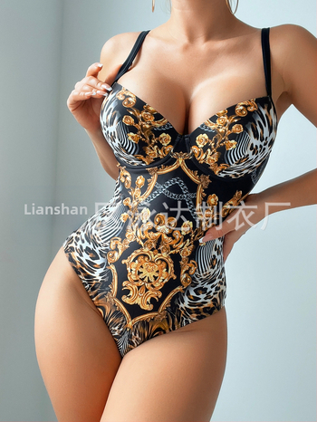 Σετ μπικίνι με φούστα, διασταυρούμενες ιμάντες και μεταλλική στήριξη για το στήθος, ρετρό εκτύπωση, πολυεστέρας, υψηλή ελαστικότητα