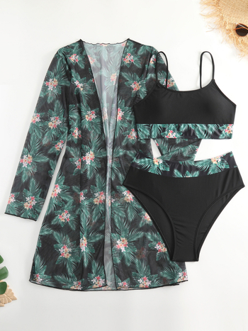 Τριών τεμαχίων μαγιό με εκτύπωση φύλλου σφενδάμου, τιράντες σπαγγάτι, χαμηλή μέση, επένδυση στήθους, πολυεστερικός ιστός με 18% σπάντεξ