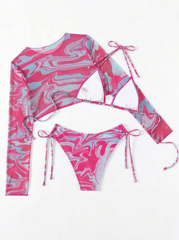 Τριών τεμαχίων σετ μπικίνι για ενήλικες γυναίκες, αισθησιακό σχέδιο με μικρά λουλούδια, με επενδύσεις στο μπούστο, πολυεστερικό ύφασμα 200 g/m²