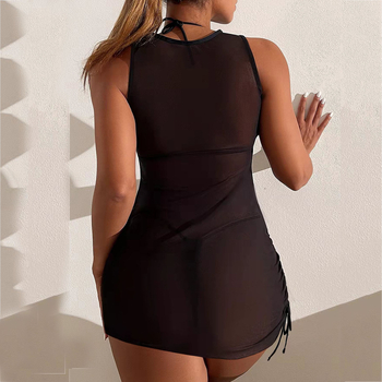 Moteriškas skaidrus tinklinis pliažo komplektas su palaidine, šortais ir wrap – poliesterio audinys, pagrindinė sudėtinių dalių 30–50% poliesterio, vasara 2022