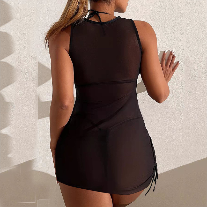 Moteriškas skaidrus tinklinis pliažo komplektas su palaidine, šortais ir wrap – poliesterio audinys, pagrindinė sudėtinių dalių 30–50% poliesterio, vasara 2022