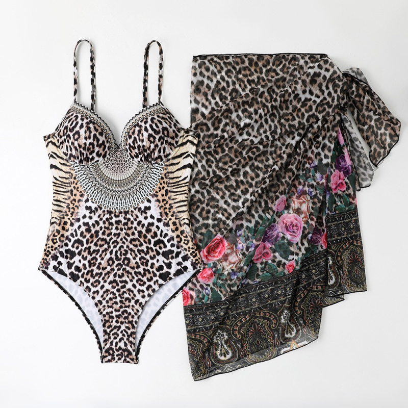 Costum de baie întreg cu imprimeu leopard, din poliester, cu suport metalic și burete pentru bust, fără mâneci