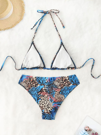 Σετ μπικίνι τριών τεμαχίων με λεοπάρ εκτύπωση, επενδυμένο πάνω μέρος, πολυεστερικό ύφασμα, κατάλληλο για κολύμβηση