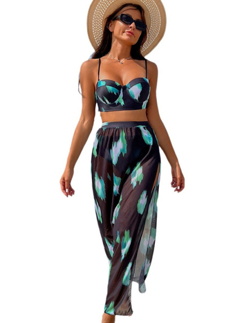 Σετ γυναικείων μαγιό τριών τεμαχίων με εκτύπωση, σεξουαλικά εφαρμοστός σχεδιασμός, επένδυση στήθους, πολυεστέρας 82% με 18% επένδυση, βάρος 300 g