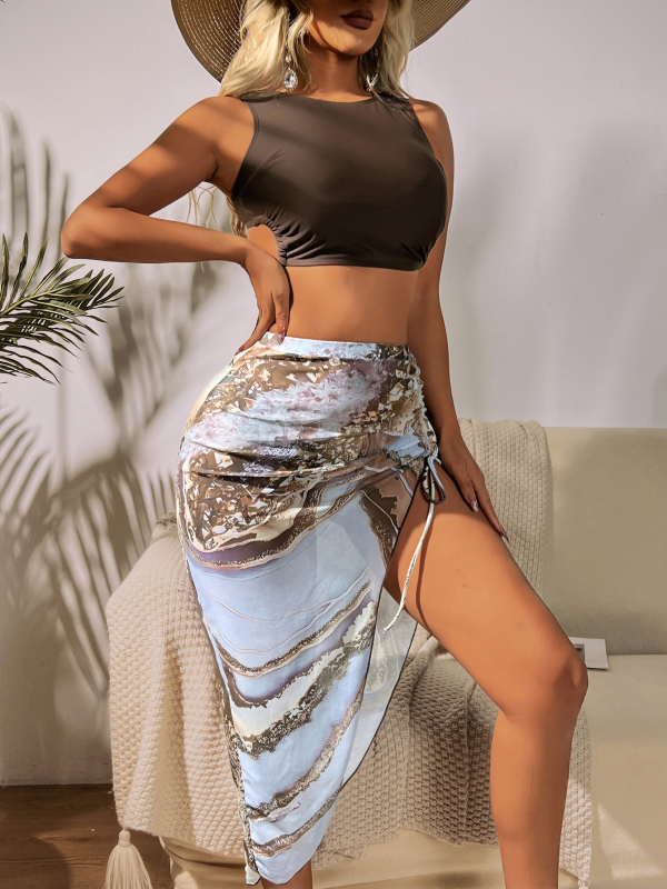 Ženski trodijelni bikini set s tiskom i suknjom s prorezom, s umetkom za poprsje, poliester 82/18, 270 g