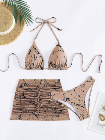 Set de costum de baie din trei piese, imprimat, pentru femei adulte, cu bureți pentru bust, poliester