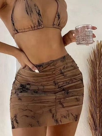 Set de costum de baie din trei piese, imprimat, pentru femei adulte, cu bureți pentru bust, poliester