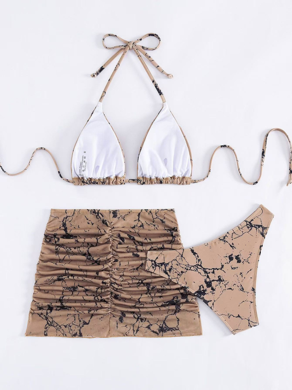 Set de costum de baie din trei piese, imprimat, pentru femei adulte, cu bureți pentru bust, poliester