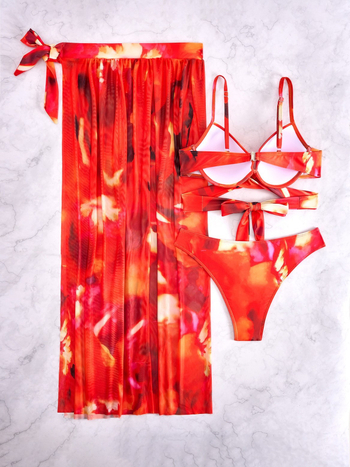 Τριμελές σετ μπικίνι με εκτύπωση, διχτυωτές τιράντες, ανοιχτή πλάτη, επένδυση στήθους με μεταλλική υποστήριξη, 82% πολυεστέρας