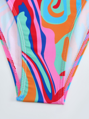 Γυναικείο ολόσωμο μαγιό με πολύχρωμο εκτύπωμα και μακρύ σιλουέτα φούστας, με ενισχυμένα ενθέματα στήθους, πολυεστερικό ύφασμα