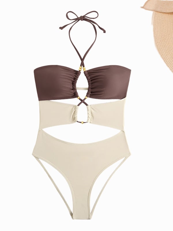 Costum de baie întreg Halter pentru femei, cu burete pentru bust, fără suport metalic, material nylon 80/20, căptușeală din spandex 90%, fără mâneci, culoare uni