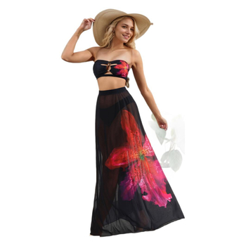 Τριών τεμαχίων σετ μαγιό με φλοράλ εκτύπωση, χωρίς τιράντες μπαντό τοπ με επένδυση, κάτω και φούστα, 82% πολυεστέρας, υψηλή ελαστικότητα