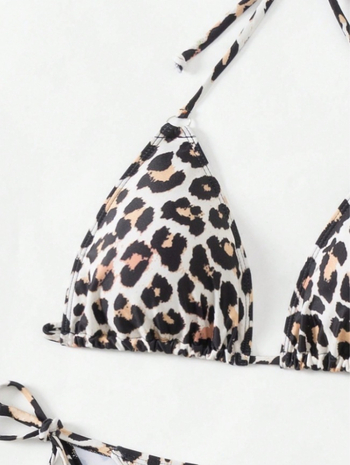 Μπικίνι λεοπάρ τριών τεμαχίων με επενδυμένο πάνω μέρος και χωρίς ενίσχυση, ύφασμα πολυεστέρα 82/18, για γυναίκες, κατάλληλο για κολύμβηση