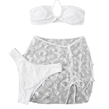 Σετ μπικίνι τριών τεμαχίων με δαντέλα και κορδόνια, με μαξιλαράκια στήθους, ύφασμα πολυεστέρα 82% και ελαστάν 18%, βάρος υφάσματος 220 g, κατάλληλο για κολύμβηση και παραλία