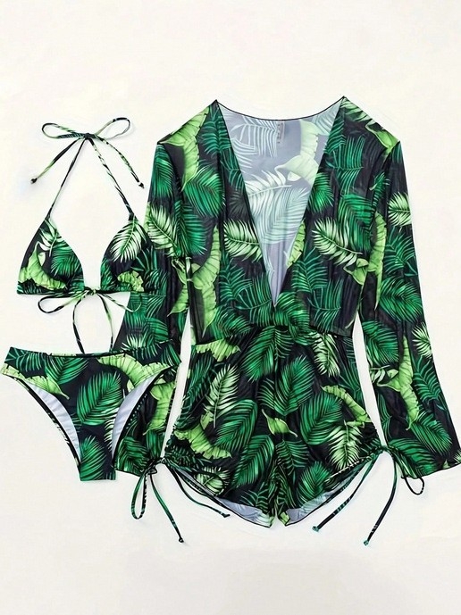 Ženski kupaći kostim s dugim rukavima, otisak, seksi stil, poliester i elastan, podstava od poliestera s 18% elastana, trodijelni set za plivanje i plažu