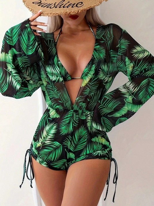 Ženski kupaći kostim s dugim rukavima, otisak, seksi stil, poliester i elastan, podstava od poliestera s 18% elastana, trodijelni set za plivanje i plažu