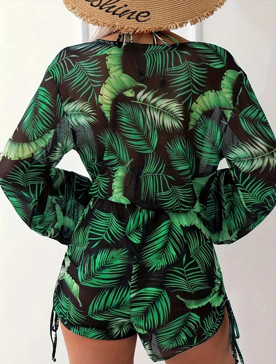 Ženski kupaći kostim s dugim rukavima, otisak, seksi stil, poliester i elastan, podstava od poliestera s 18% elastana, trodijelni set za plivanje i plažu