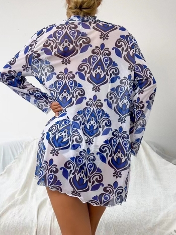 Τριμελές σετ μαγιό για γυναίκες: φλοράλ μπικίνι με κάλυμμα χωρίς μανίκια, ύφασμα νάιλον/ελαστάν (82% νάιλον, 12% ελαστάν); βάρος 300 g; επένδυση από νάιλον; pads για το στήθος; πίσω χωρίς πλάτη