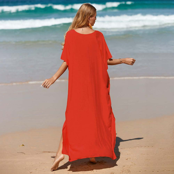 Бохемска плажна рокля-покривало, дълга, V-образно деколте, къс ръкав, полиестерна смес, лято 2024