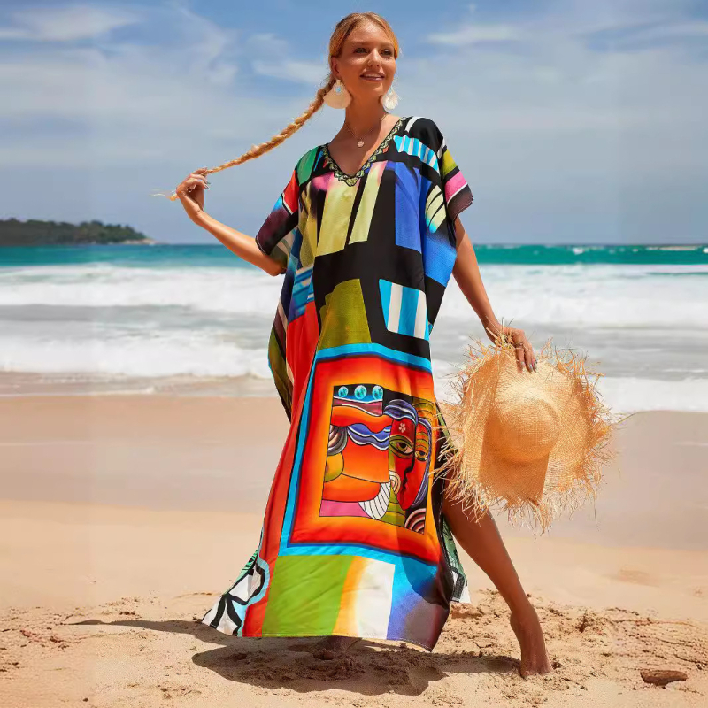 Rochie de plajă pentru bikini, croială lejeră, material poliester, decolteu în V, mâneci scurte