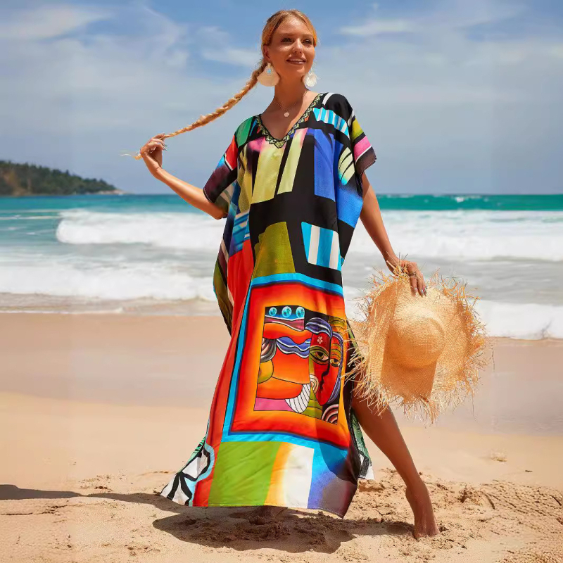 Rochie de plajă pentru bikini, croială lejeră, material poliester, decolteu în V, mâneci scurte