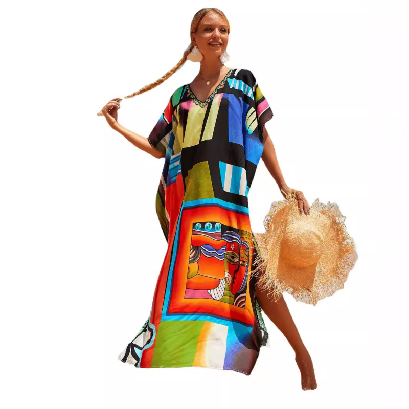 Rochie de plajă pentru bikini, croială lejeră, material poliester, decolteu în V, mâneci scurte