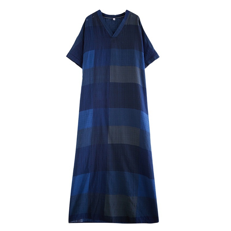 Rochie midi din bumbac și in, decolteu în V, mâneci largi, model în carouri, stil literar-retro