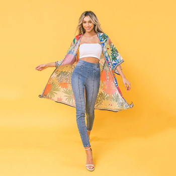 Γυναικείο παραλιακό κιμονό-καρνταγάν με εκτύπωση, πολυεστέρας, επένδυση 100% πολυεστέρας, βάρος 160 g/m², κατάλληλο για κολύμβηση