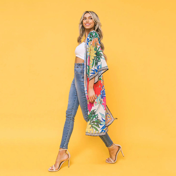 Γυναικείο παραλιακό κιμονό-καρνταγάν με εκτύπωση, πολυεστέρας, επένδυση 100% πολυεστέρας, βάρος 160 g/m², κατάλληλο για κολύμβηση