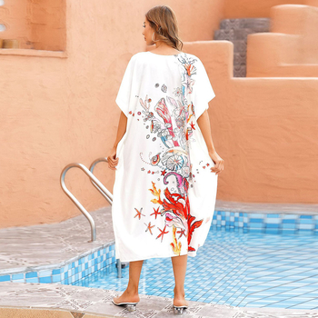 Плажна рокля-покривало със абстрактен принт, полиестерна материя, принтиране/ боядисване, V-образно деколте, ръкав тип бат, свободна талия, дълга рокля