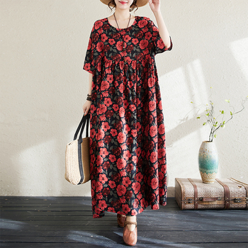 Памучна рокля, основен плат 80–90% памук, кръгло деколте, половин ръкав, свободна кройка, дълга рокля, лято 2024