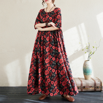 Памучна рокля, основен плат 80–90% памук, кръгло деколте, половин ръкав, свободна кройка, дълга рокля, лято 2024