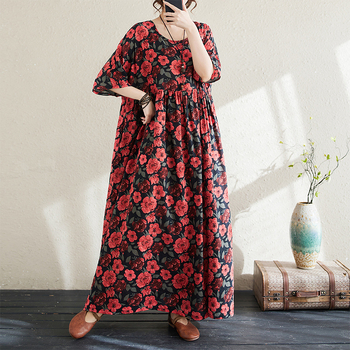 Памучна рокля, основен плат 80–90% памук, кръгло деколте, половин ръкав, свободна кройка, дълга рокля, лято 2024