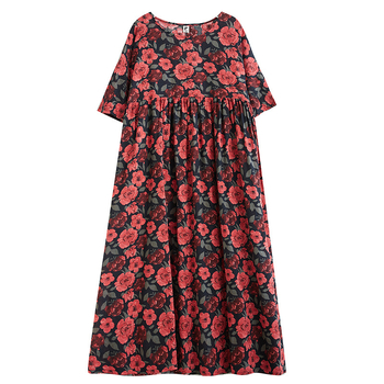 Памучна рокля, основен плат 80–90% памук, кръгло деколте, половин ръкав, свободна кройка, дълга рокля, лято 2024