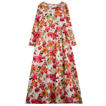 Дълга рокля с флорална шарка, конопено-спандексова материя, кръгло деколте и ръкави 3/4