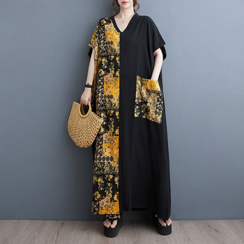 Дълга лятна рокля от памук и лен с V‑образно деколте, голям джоб, свободен стил